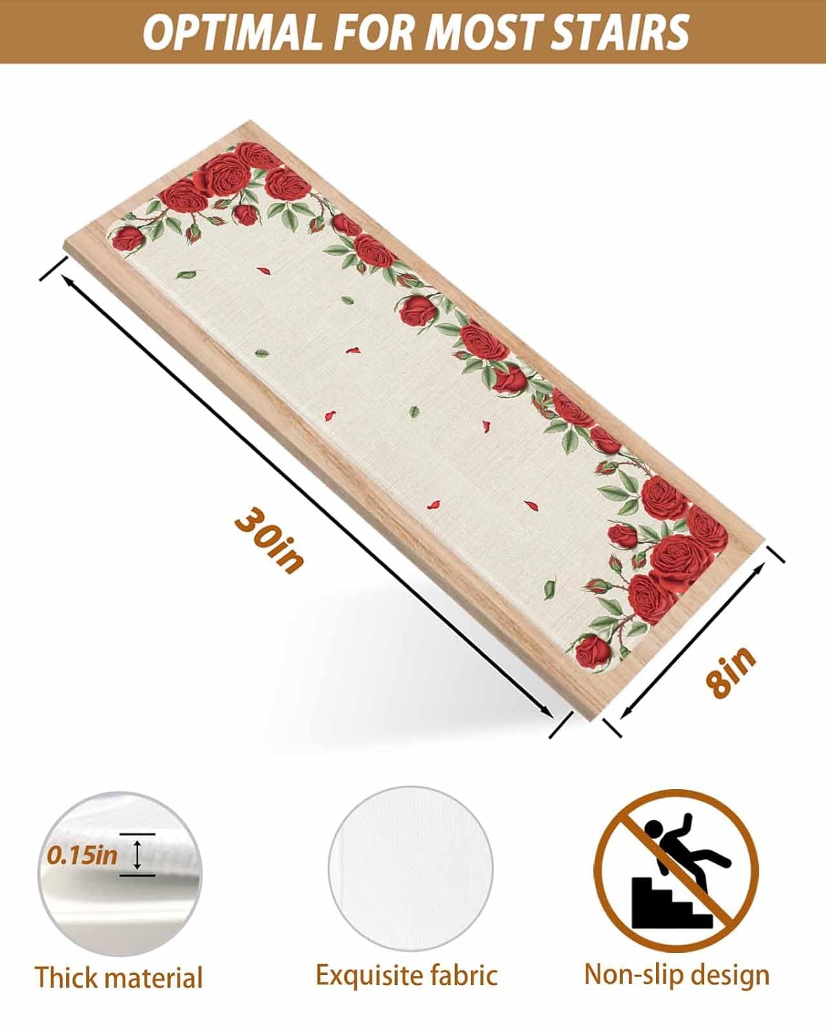 Stair Treads 8"x30"(15 pcs),Valentine's Day Rose Flower Leaf Indoor Stair Runners Carpet Stair Tread,Red Floral Linen Texture Non-Slip Staircase Step Treads for Kids,Elders,Pets