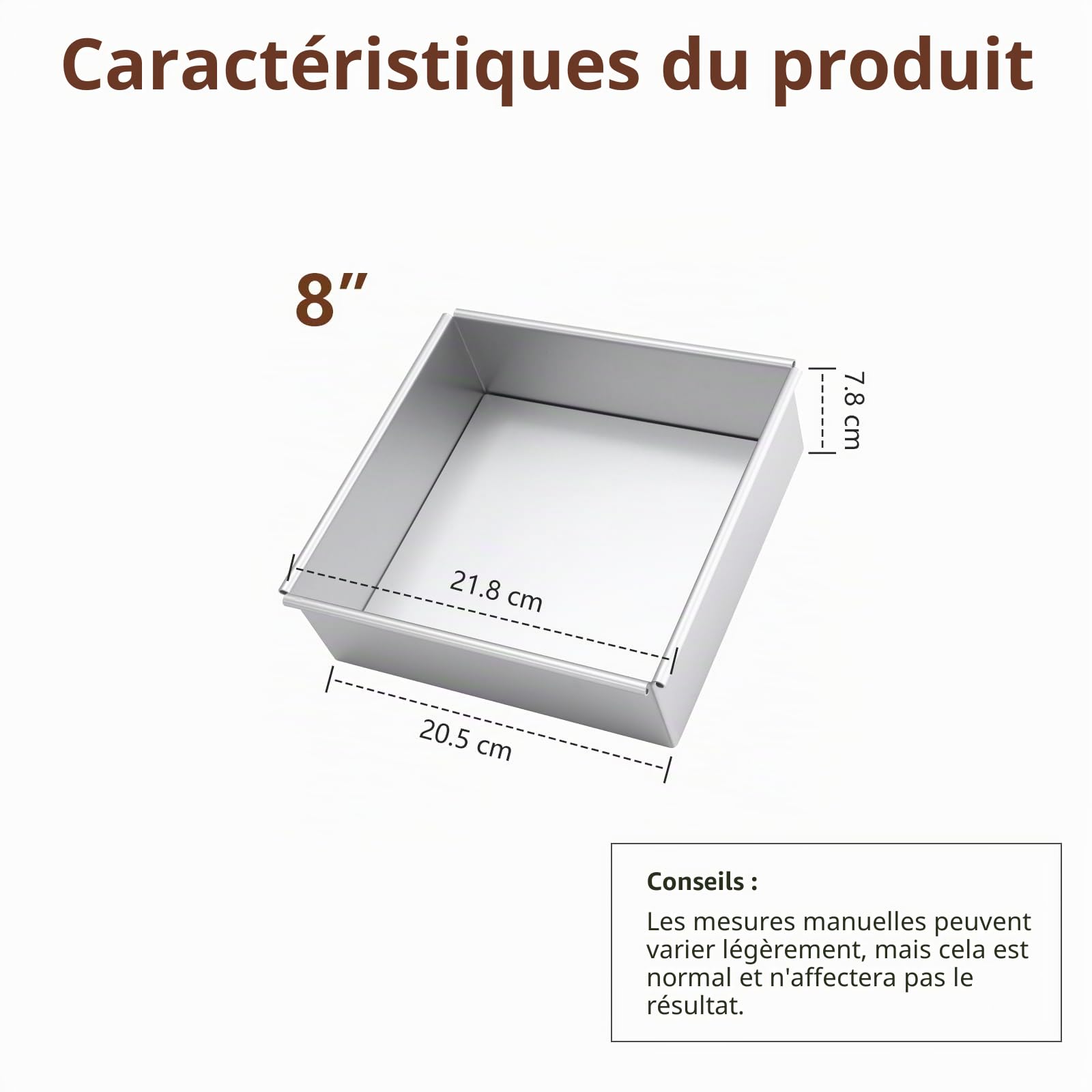 Moule à Gâteau Carré 21,8 x 21,8 cm, aluminium anodisé, Plat à Gateau Avec Fond Amovible, Idéal pour la Cuisson de Gâteaux et Tartes, Argent