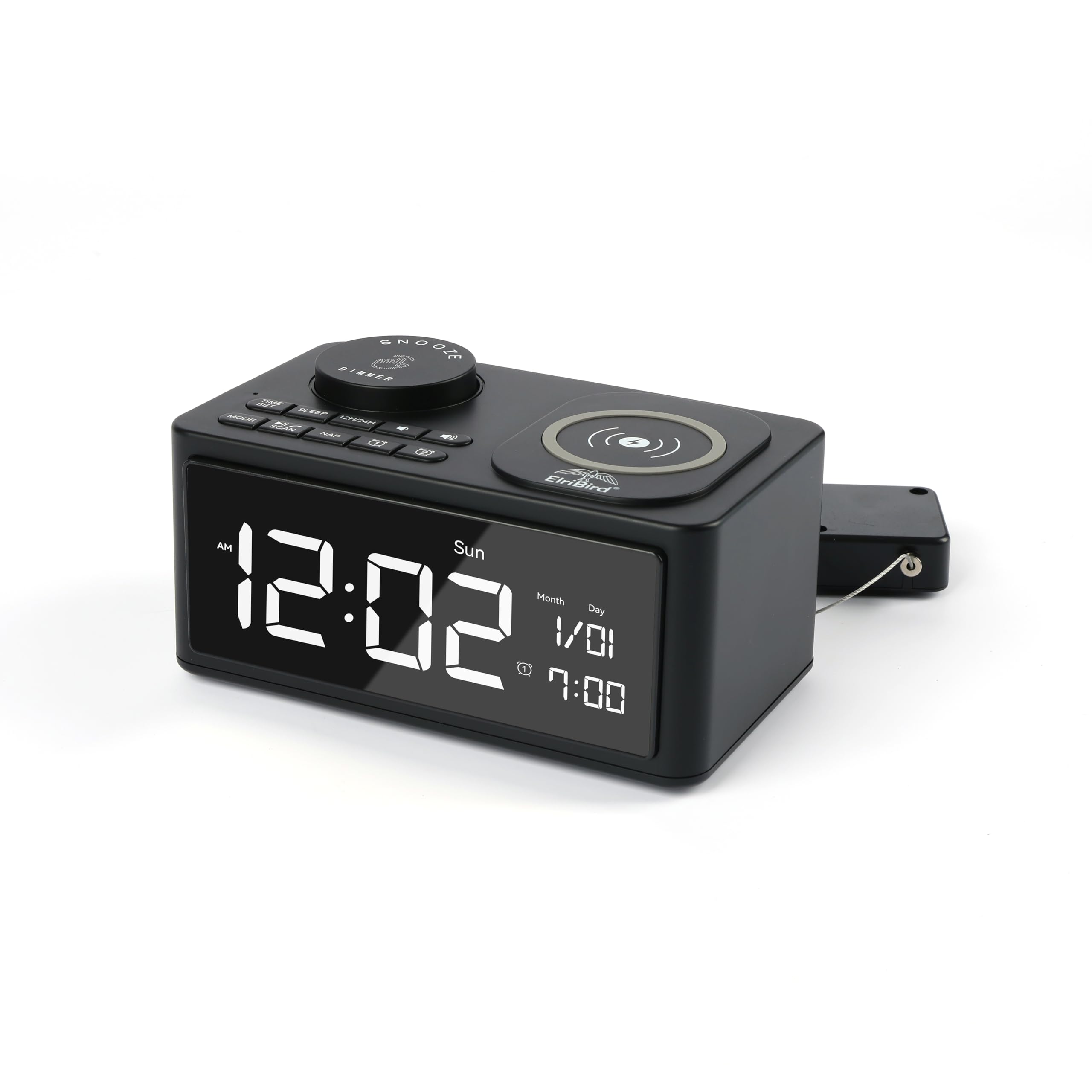 Budzik z bezprzewodową ładowarką, radiem FM, wyświetlaczem LED, ładowarką Qi 10 W, portem USB, głośnikiem Bluetooth, czarny