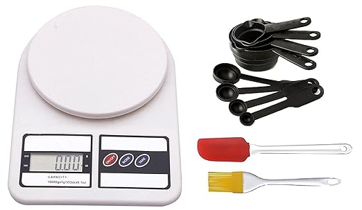 ikis Combo Pack - Electronic Digital Kitchen Weighing Scale 10Kg, 8 Piece Measuring Cup & Spoon Set, Silicone Brush & Spatula Set, White