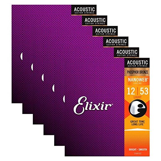 Elixir Phosphor Bronze Nanoweb 16052 Light 12-53 Acoustic Guitar Strings 6-Pack w/Bonus Elixir Polishing Cloth