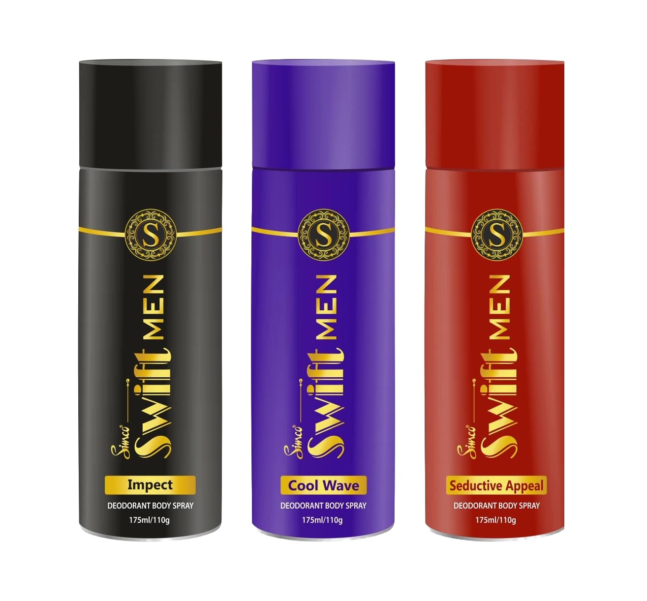 Simco Swift Deodorant for Men | Combo Pack of 3, 175 ml each | Seductive Appeal + Cool Wave + Impact Deodorant Body Spray | No Gas, Deep & Long Lasting Fragrance-image-9