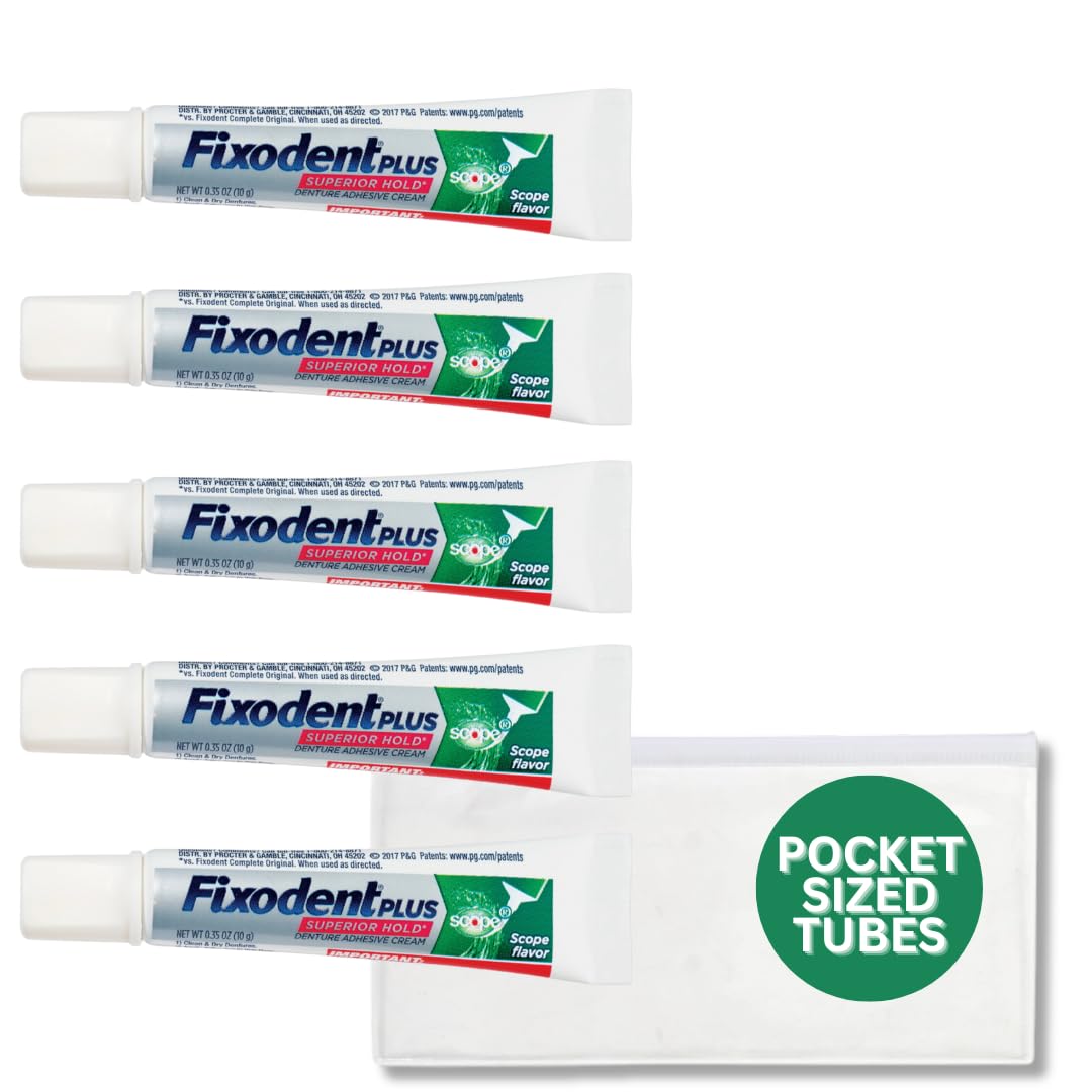 FixodentDental Adhesive Cream 10g Pocket Sized Travel Sized Tubes, TSA-Approved Travel Sized Denture Adhesive w/ 1 Travel Zipper Pouch (Pack of 5 Tubes)