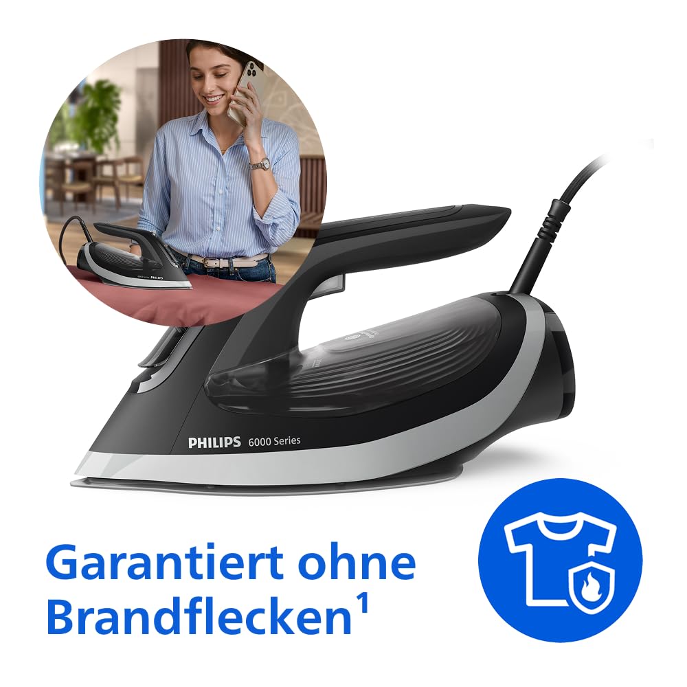 Philips Dampfbügeleisen 6000 Serie, Schwarz, 2600 W | 45 g/min Dauerdampf, 190 g Dampfstoß, SteamGlide Plus Bügelsohle, OptimalTEMP, 300 ml Wassertank (DST6120/80)
