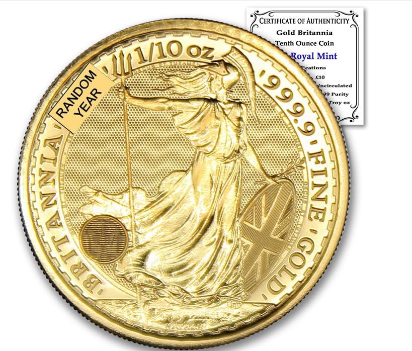 1987 - Present (Random Year) 1/10 oz British Gold Britannia Coin by the Royal Mint Brilliant Uncirculated with Certificate of Authenticity £10 BU