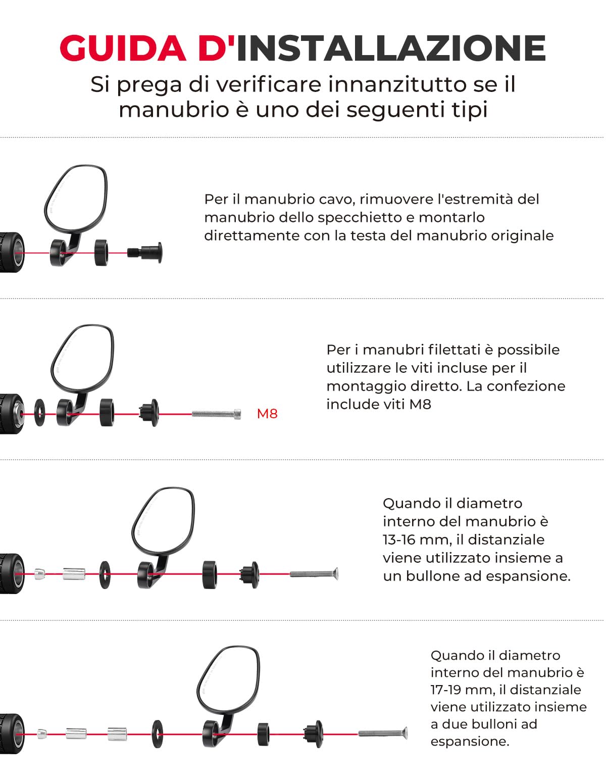 KEMIMOTO Specchietto Retrovisore Moto E24 Omologati, 2 Pezzi Specchietti Moto Universale per Manubrio, Specchietto Laterale 7/8" 22mm con Motociclo Scooter Cruiser