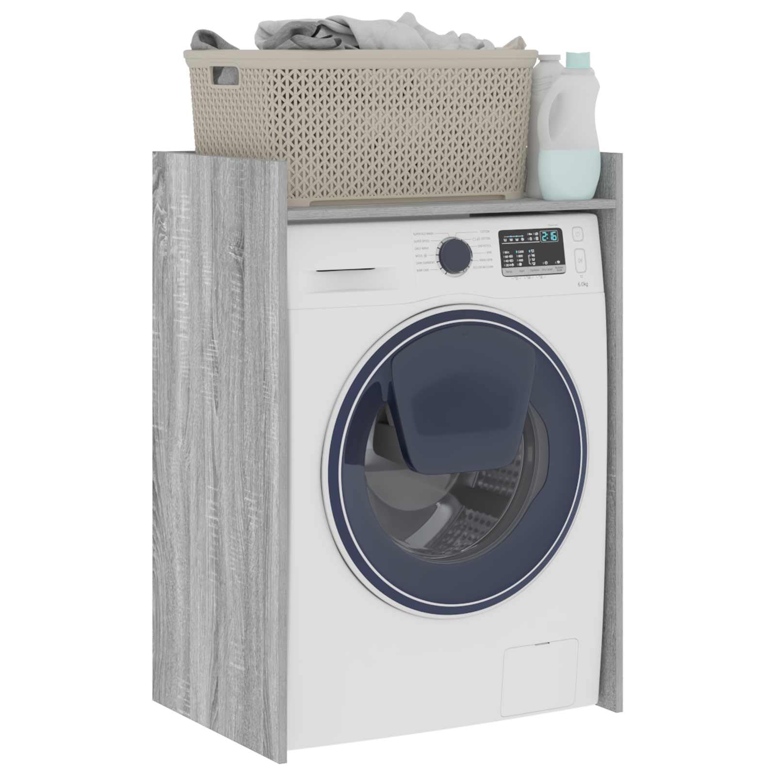 Mobile per lavatrice in legno Sonoma grigio, 67,5 x 48 x 97 cm, con vano portaoggetti, scomparti, porta e ripiano per bagno, lavanderia e ordine in piccoli spazi