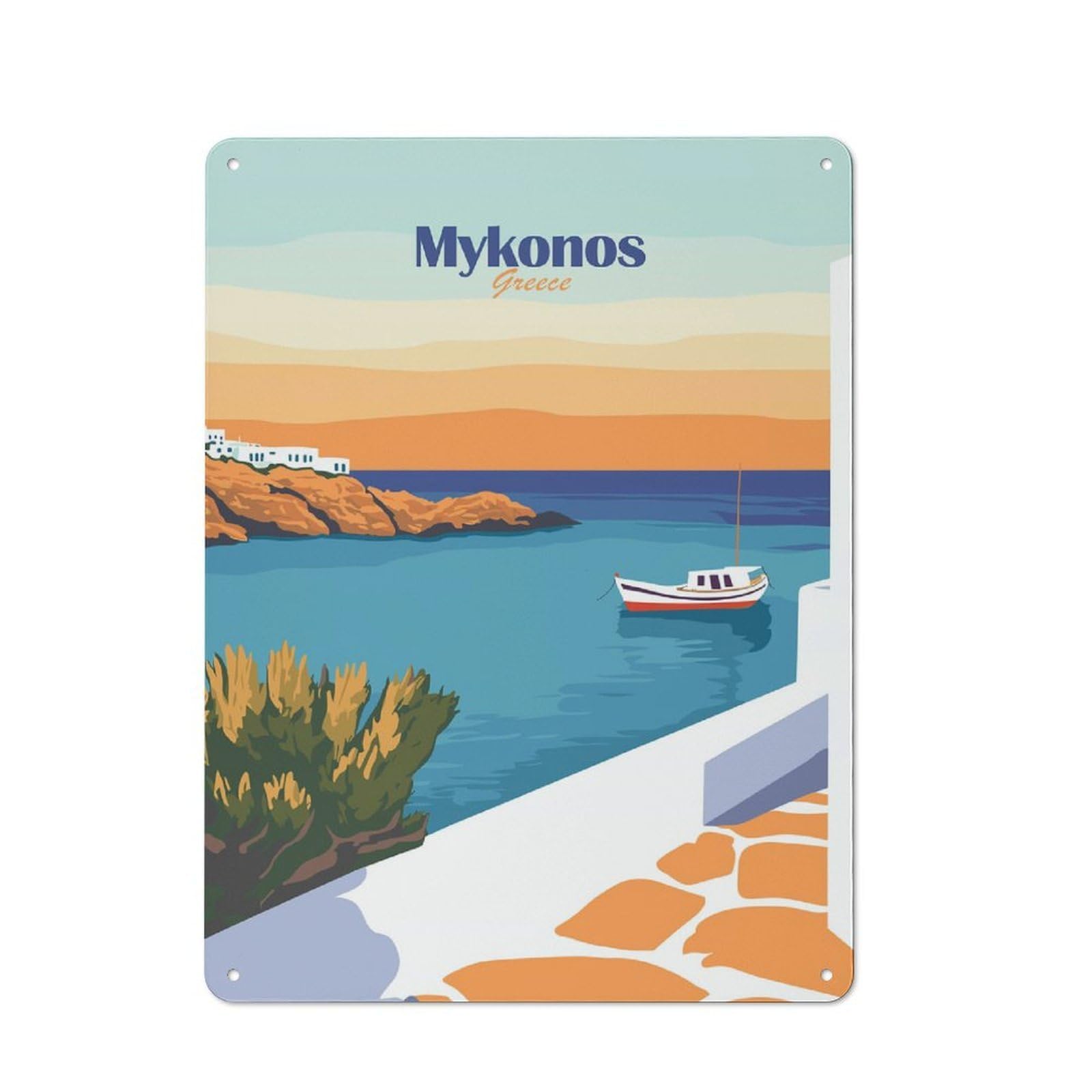 Mykonos Greece Warehouse Style Metal Wall Decor 40x30cm, Metal Wall Sign for Workspace, Cafe, Hallway Or Garage