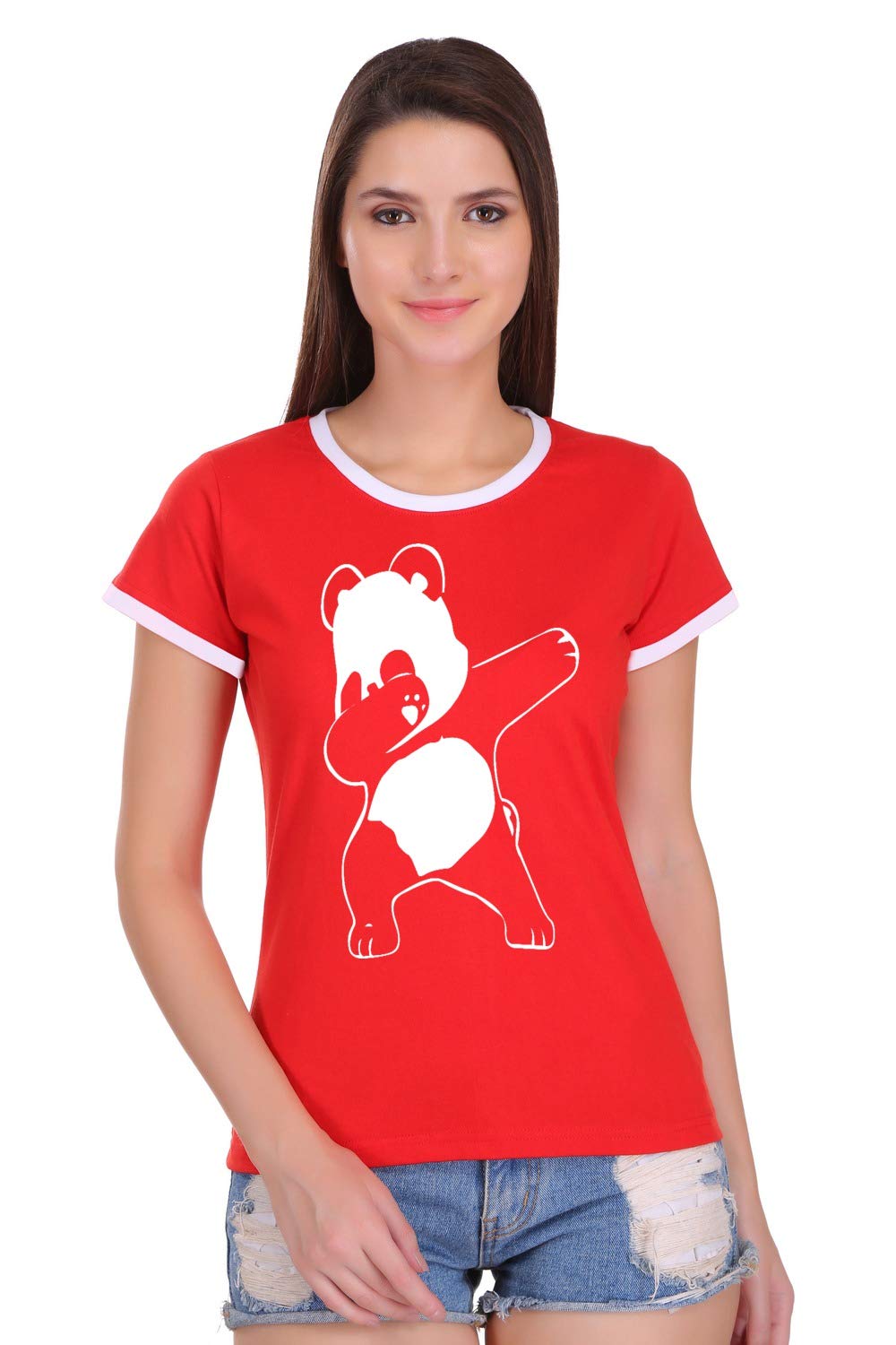 EMDYY Printed Round Neck Ringer Cotton Top for Girls and Women | Soft Cotton T-Shirt with Bio-Washed | Design-Dabb Panda |