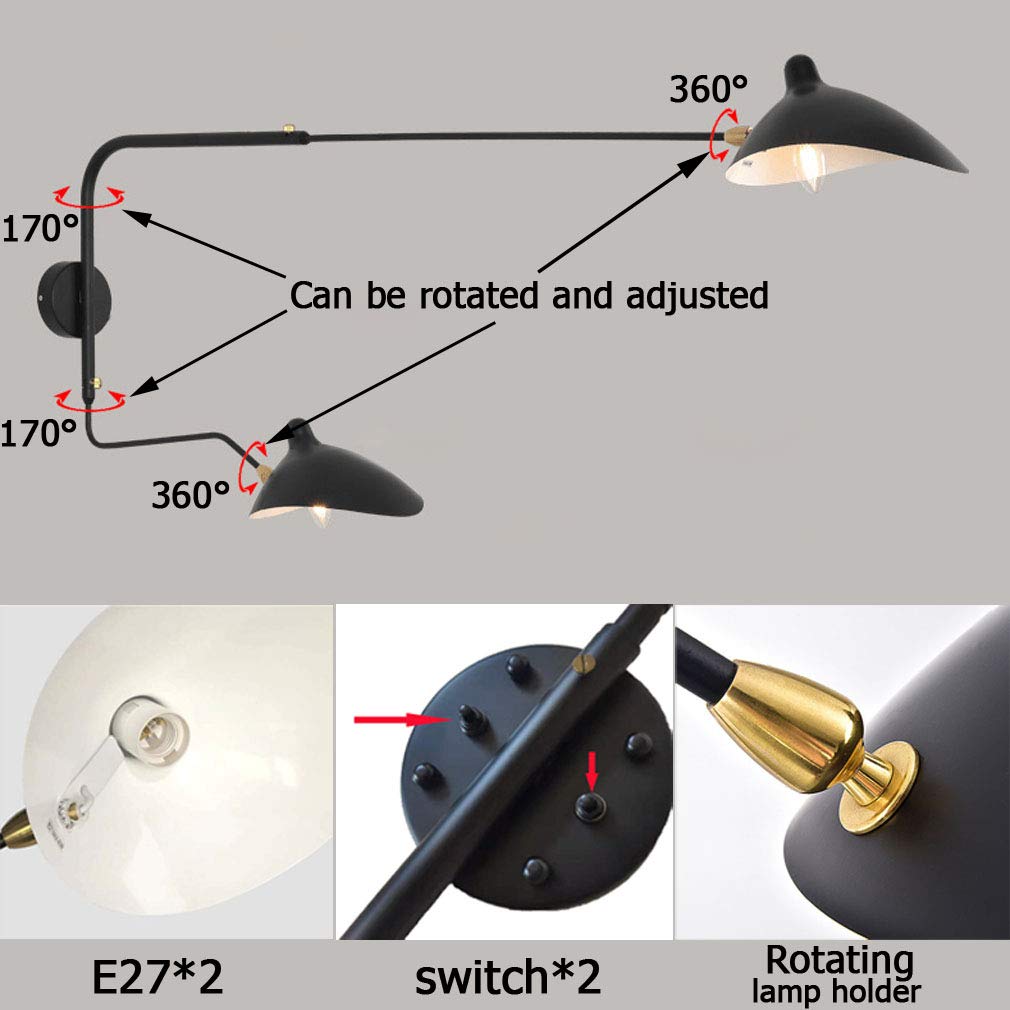 VOMI 2 Flammig Industrielle Vintage E27 Wandleuchte mit Schalter Stecker Kabel Einstellbar Kopf Lang Arm Einstellbare Drehen Rustikale Metall Wandlampe Schlafzimmer Wandstrahler
