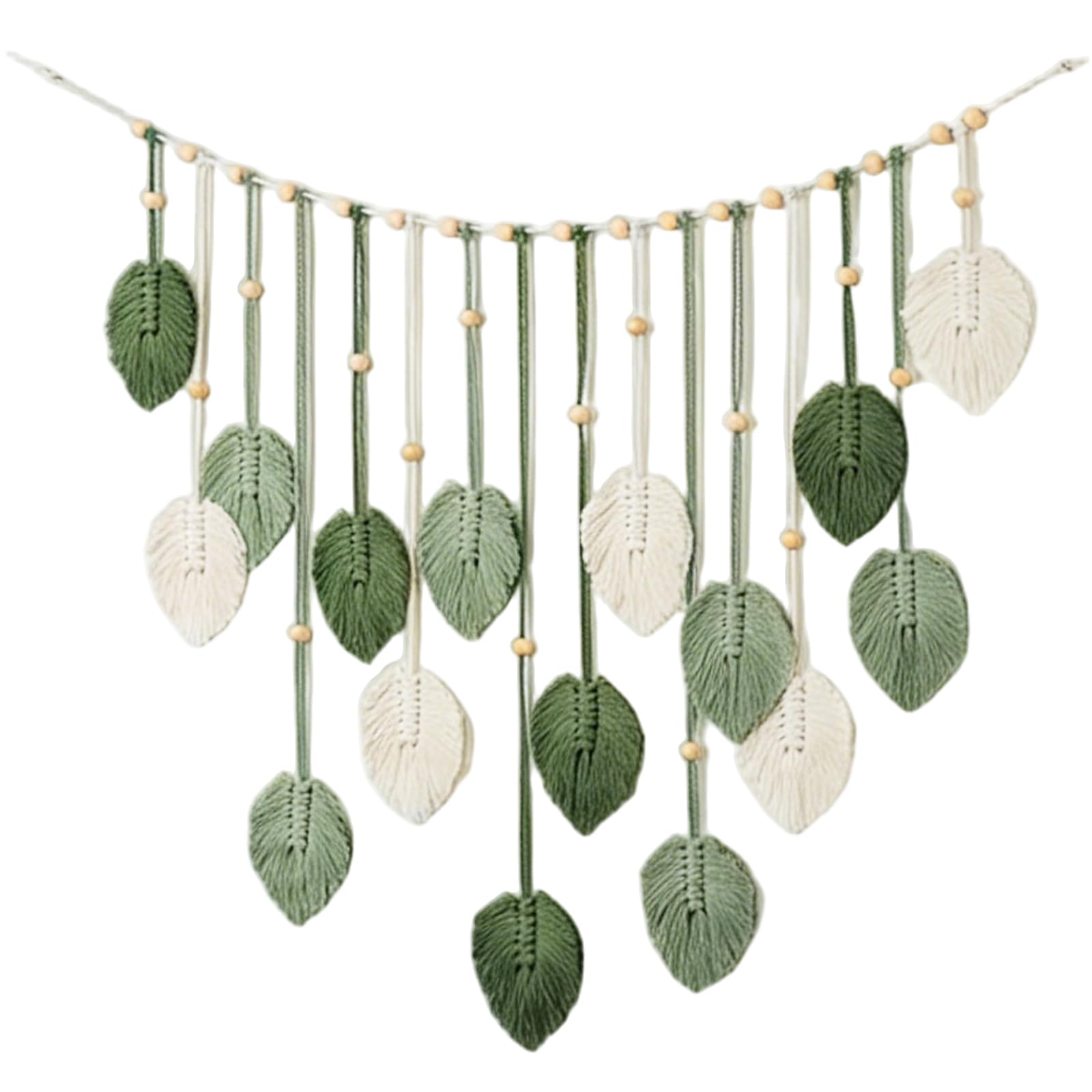 TourKing Macrame Leaf Wall Hanging, Boho Wall Art Decor with Wooden Beads, Green and Beige Woven Leaves for Living Room, Bedroom, Apartment