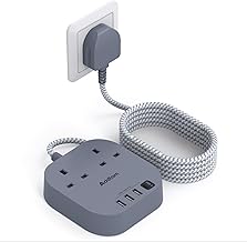 Extension Lead, Power Strips with 2 Way Outlets 4 (4.5A, 1 Type C and 3 USB-A Port) Surge Protection Plug Extension Socket with 5 Meter Braided cord for Home Office (Gray)