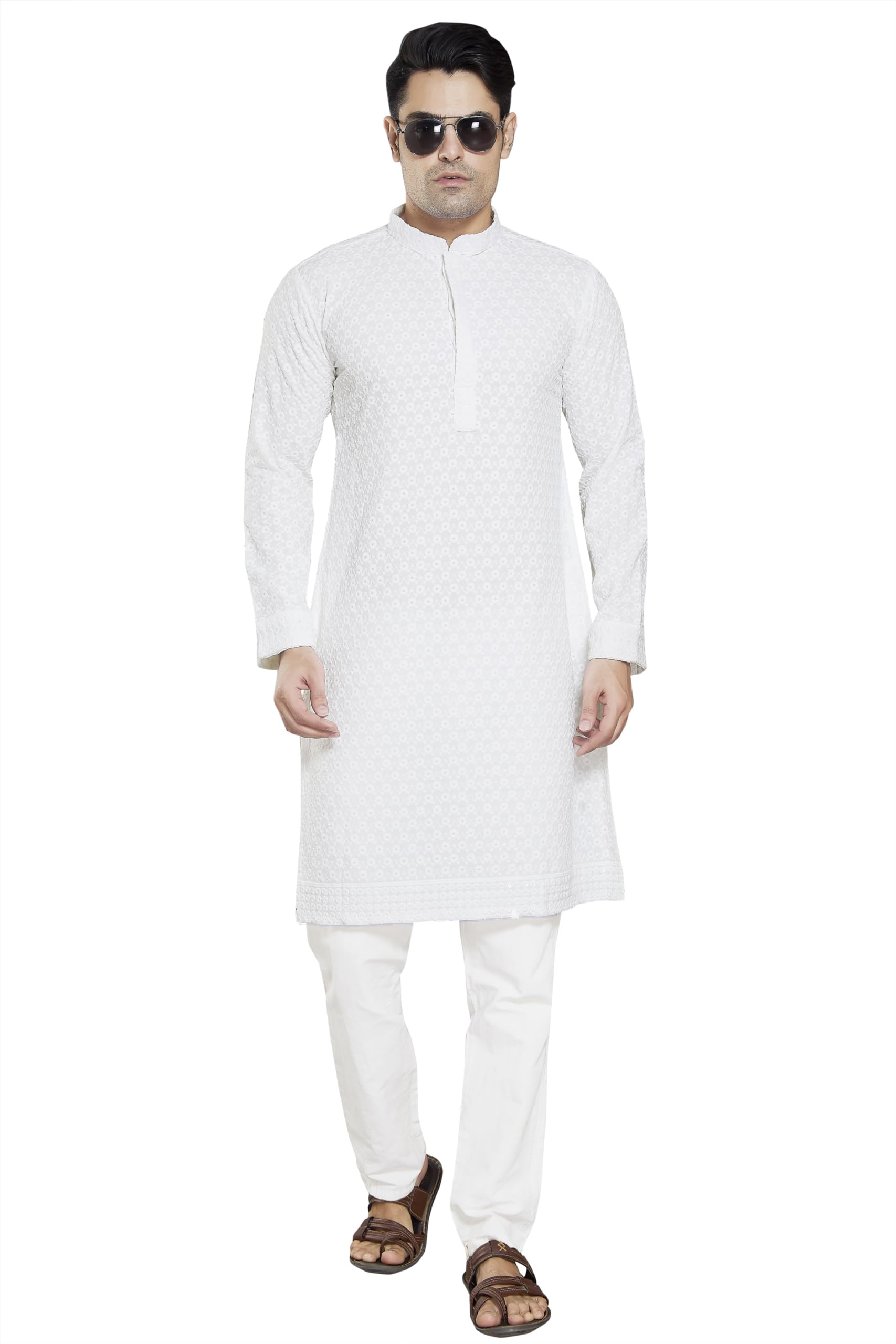 Divisive Men's Sequince Embroidered Cotton Blend Slim Fit Kurta Pyjama Set (Dkrt36_M_White)