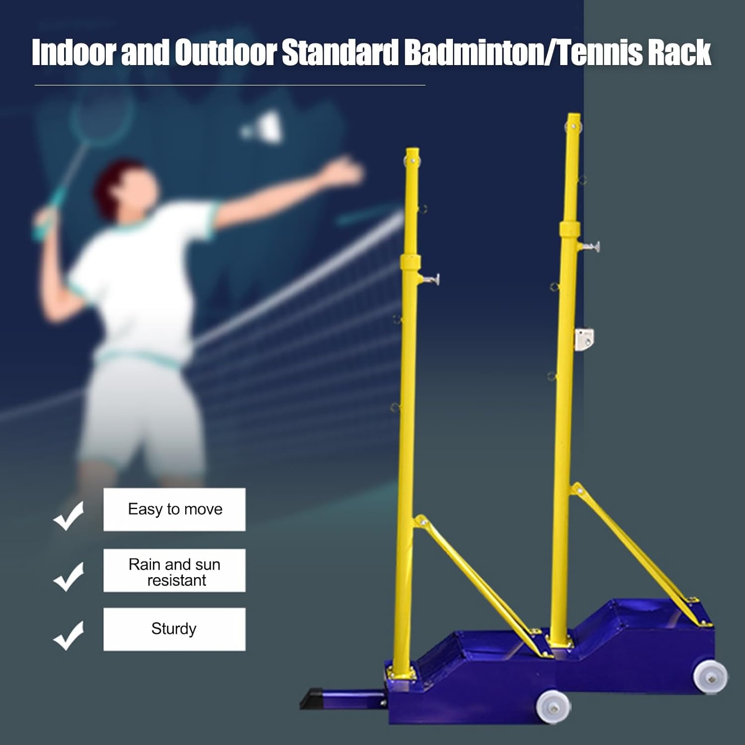 Badminton/Volleyball Poles for Backyard, Volleyball Training Set with Wheels, Adjustable Height with Quick-Fix System & PU Wheels, Multi-Sport Use for Badminton/Tennis