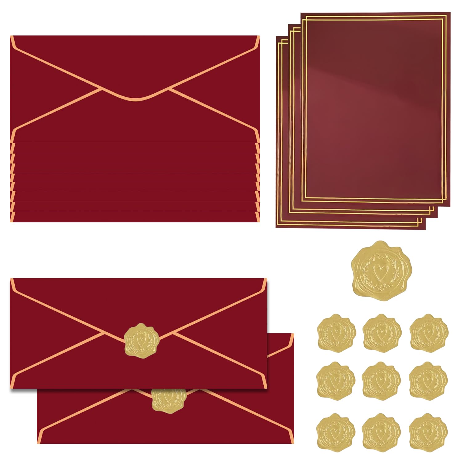 TIHNY 20PCS Invitation Envelopes with 24PCS Letter Paper, V-Flap Envelopes & Gold Stickers, Perfect for Business, Cards, Celebrations, Dark Red, 9.49 x 4.13 Inches