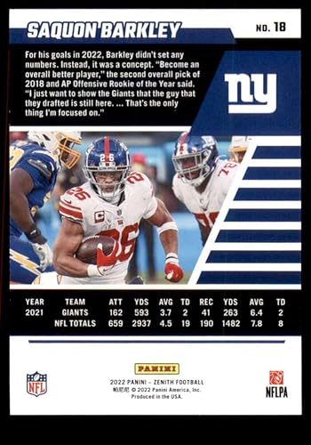 Miniatura 2 de Football Trading Card NFL 2022 Panini Zenith Retail #18 Saquon Barkley NM Near Mint NY Giants