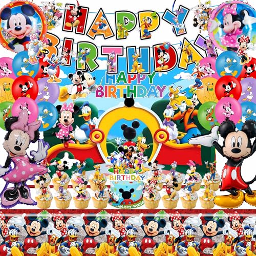Mouse Birthday Decorations, Mouse Birthday Party Supplies Set Include Banner, Balloons, Hanging Swirls, Stickers, Cake Cupcake Toppers, Tablecloth