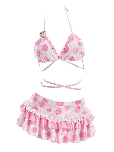 haikyuu Women Retro Strawberry Swimsuit Kawaii Bikini Cute Bathing Suit Pink Y2k Swimwear Vintage - Standard - Small - Pink