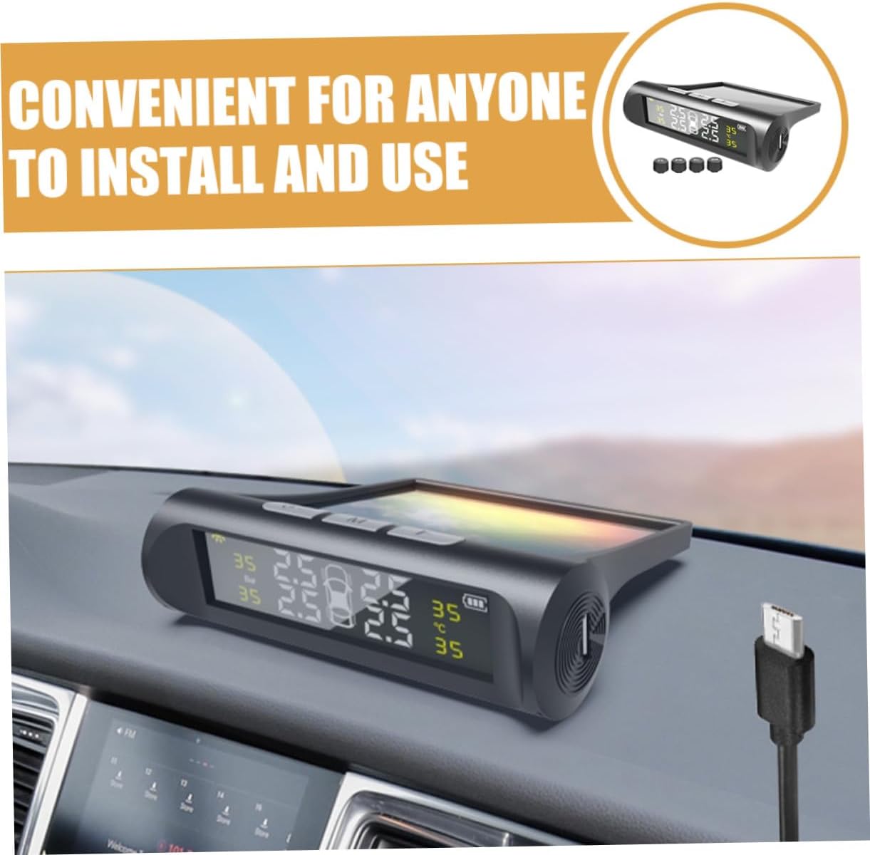 Car Tire Pressure Monitor Solar Powered Auto Tire Pressure Sensor with Backlit Digital Display for Four-Wheel Monitoring and Easy Installation