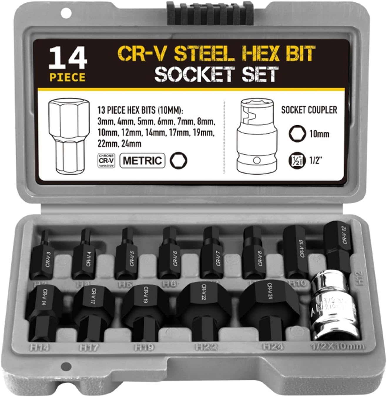 14pcs 1/2 inch Hex Bit Socket Set, Hexagonal Socket Wrench Tool
