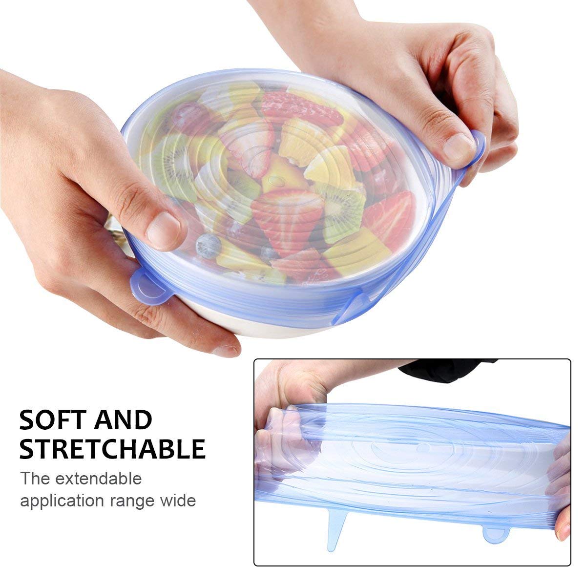 Stretchable Silicone Lid, 12-Pack in Various Sizes Silicone Stretch Lid for Bowl, Jar, Glassware, Food Saver Covers Safe in the dishwasher, microwave and freezer — Amazon image 4
