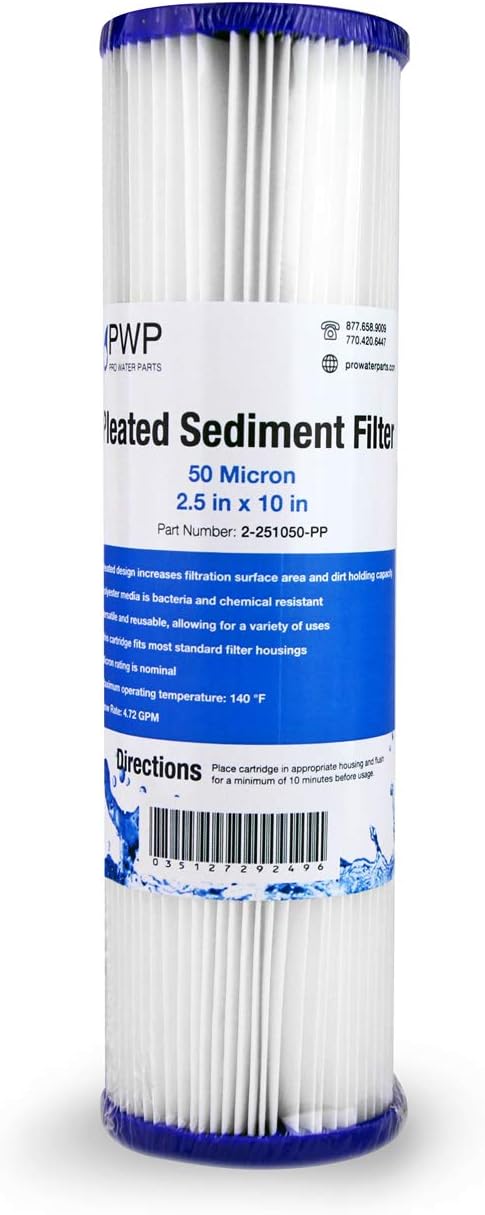 Pleated Polypropylene Water Filter Cartridge 10x2.5 50 Micron 1 Pack