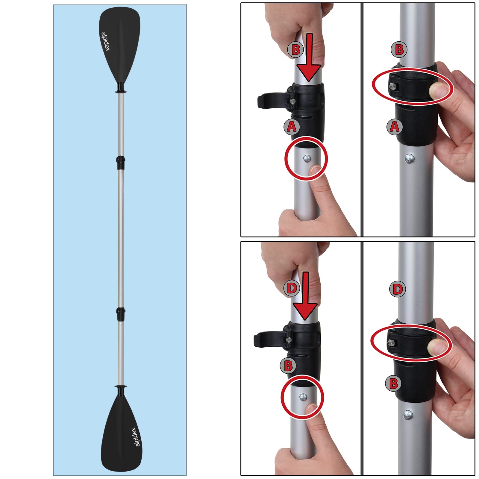 ALPIDEX 2 en 1 Pala Telescópica Aluminio Kayak Ajustable Ligero Doble Paddle Extensible 160-207cm Tabla Surf Sup Canoa Stand Up Paddle Board Kayak Remo