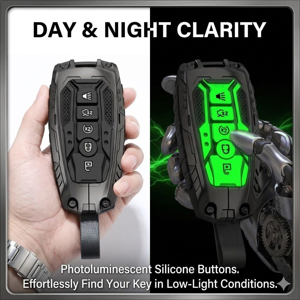 Mech Style Key Fob Cover for Ford F150 Explorer, 5 Buttons Gunmetal | Premium zinc alloy armor for Ford 5-button smart keys. Features glow-in-the-dark buttons and 100% signal transparency.