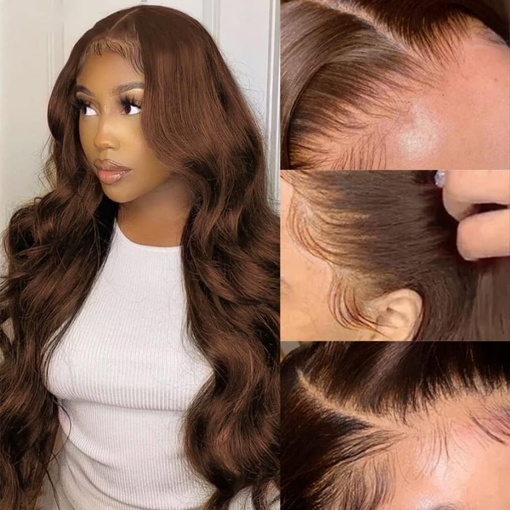 200 Density 13X6 Chocolate Brown Body Wave Lace Front Wigs Human Hair 13x6 HD Transparent Lace Front Wigs For Women Auburn Brown Colored with Baby Hair Glueless Wigs Human Hair Full And Thick 34Inch