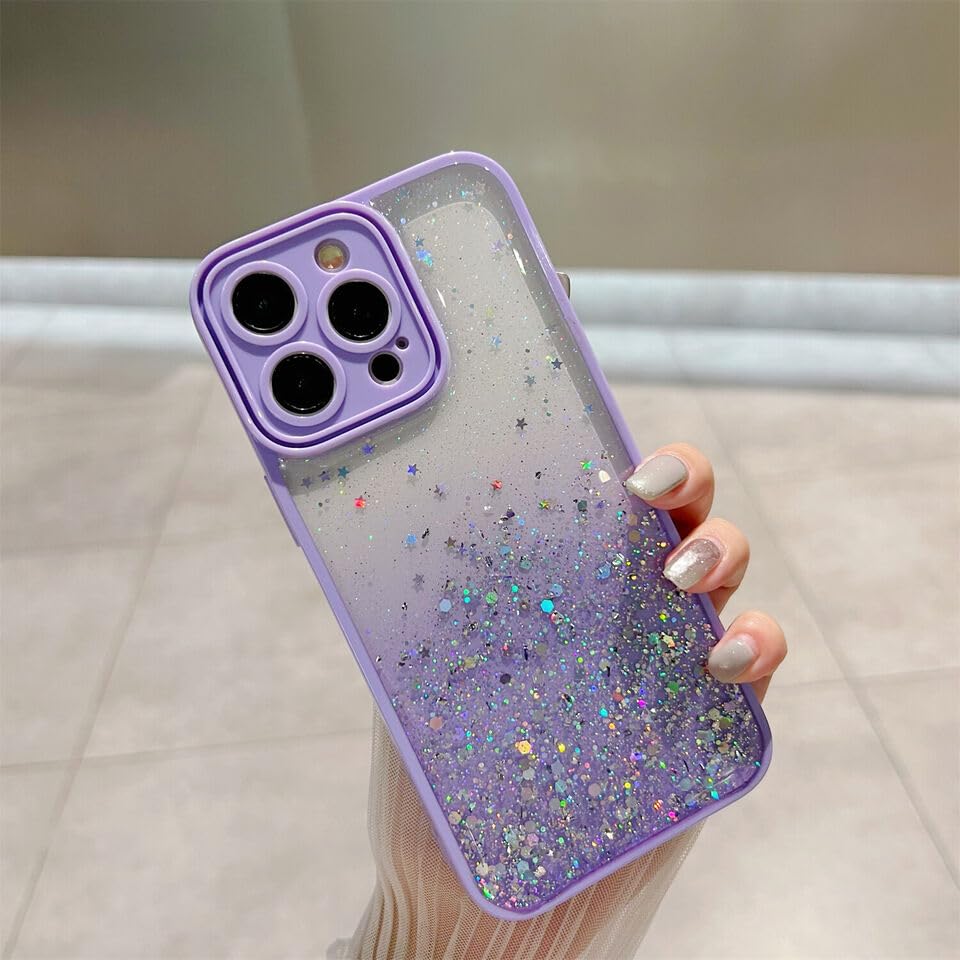 Image of VONZEE Back Cover Compatible for iPhone 15 Pro (6.1 inch), Non Moving Bling Glitter Cover for Girls & Women Soft TPU Shockproof Anti Scratch Drop Protection Covers (Purple)