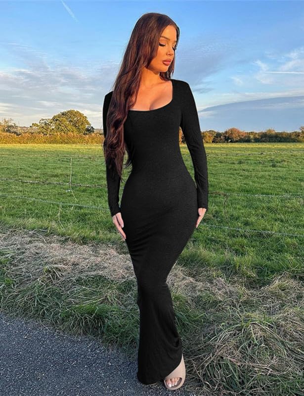 Damska sukienka maxi z długim rękawem, podkreślająca figurę, z prążkowanymi ściągaczami, seksowna sukienka bodycon, wąska, długa, elegancka, jednokolorowa, sukienka wieczorowa, na imprezę, do