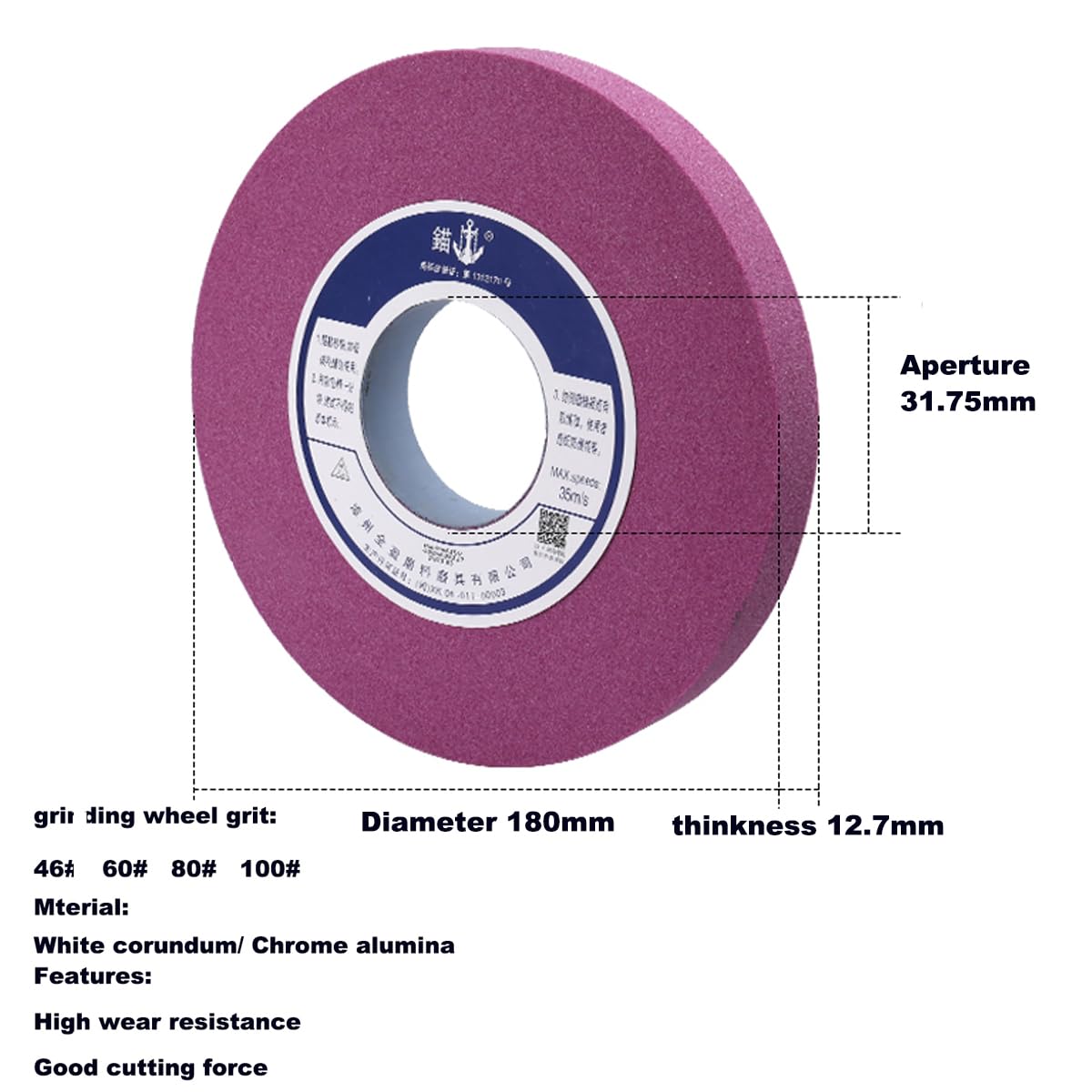 Tarcze szlifierskie, Małe ostrze szlifierskie z chromowo-korundowego białego korundu, średnica zewnętrzna 180 mm, otwór 31,75, grubość 12,7(Wit,100#)