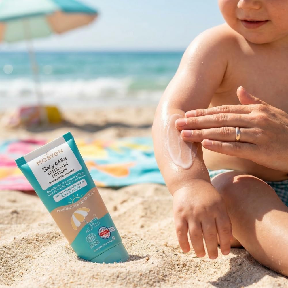 MABYEN Baby & Kids Crema solare SPF 50 e After Sun Lotion Set, filtro UV minerale al 100% in ossido di zinco, senza profumo, COSMOS Natural, 100 ml + 180 ml