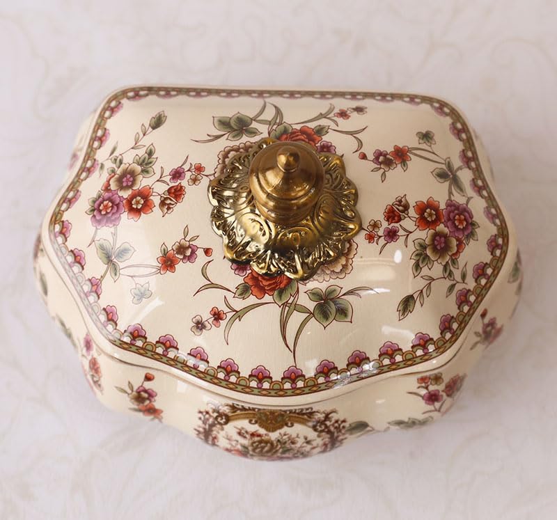 Słoik ceramiczny w stylu vintage z pokrywką ze stopu na przekąski, biżuterię i klucze, europejski pojemnik dekoracyjny kwiatowym wzorem do salonu toaletki, 22 x 18 cm