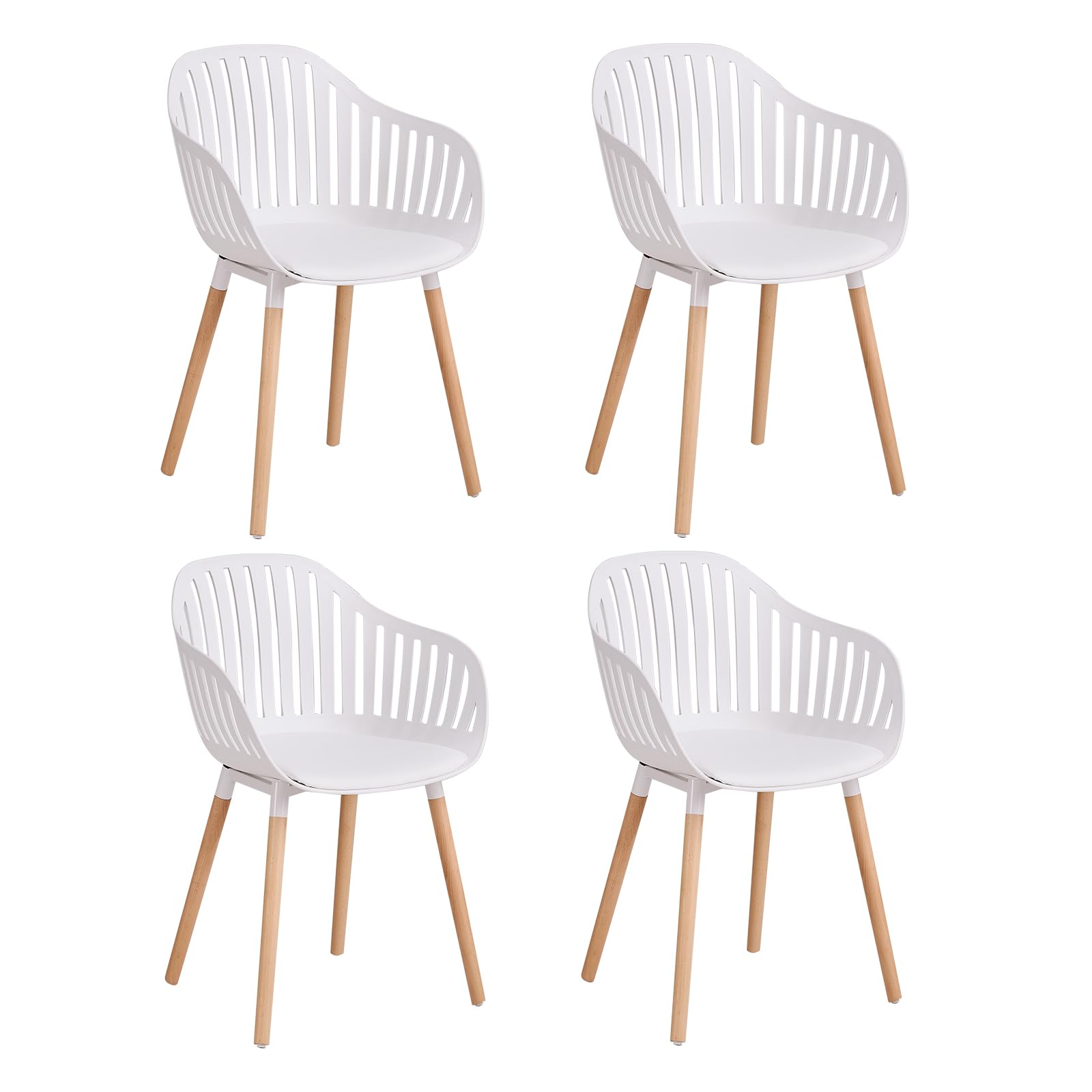 Juego de 4 Sillas de Comedor, Silla de Cocina con Cojines y Reposabrazos de Cuero, Silla con Respaldo Hueco, Adecuada para Sala de Estar, Cocina, Patio - Blanco