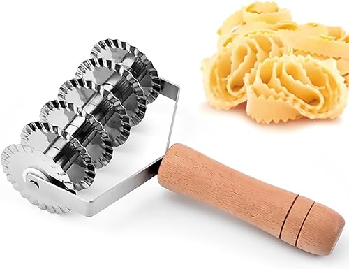 Dadamong Rueda de repostería, cortador de rodillo de celosía de acero inoxidable con mango de madera, pasta de fideos, galletas, postre, pizza, pan,