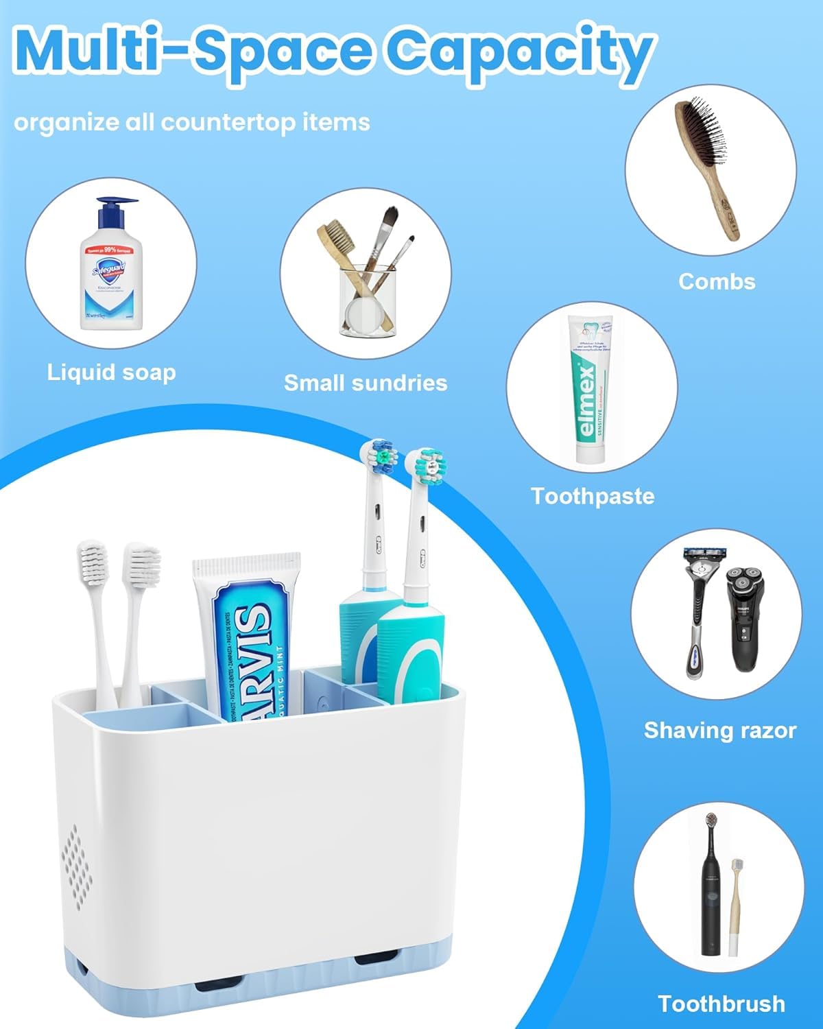 5 Slots Detachable Toothbrush Holder Set - for Bathroom Countertop, White and Blue - Image 9