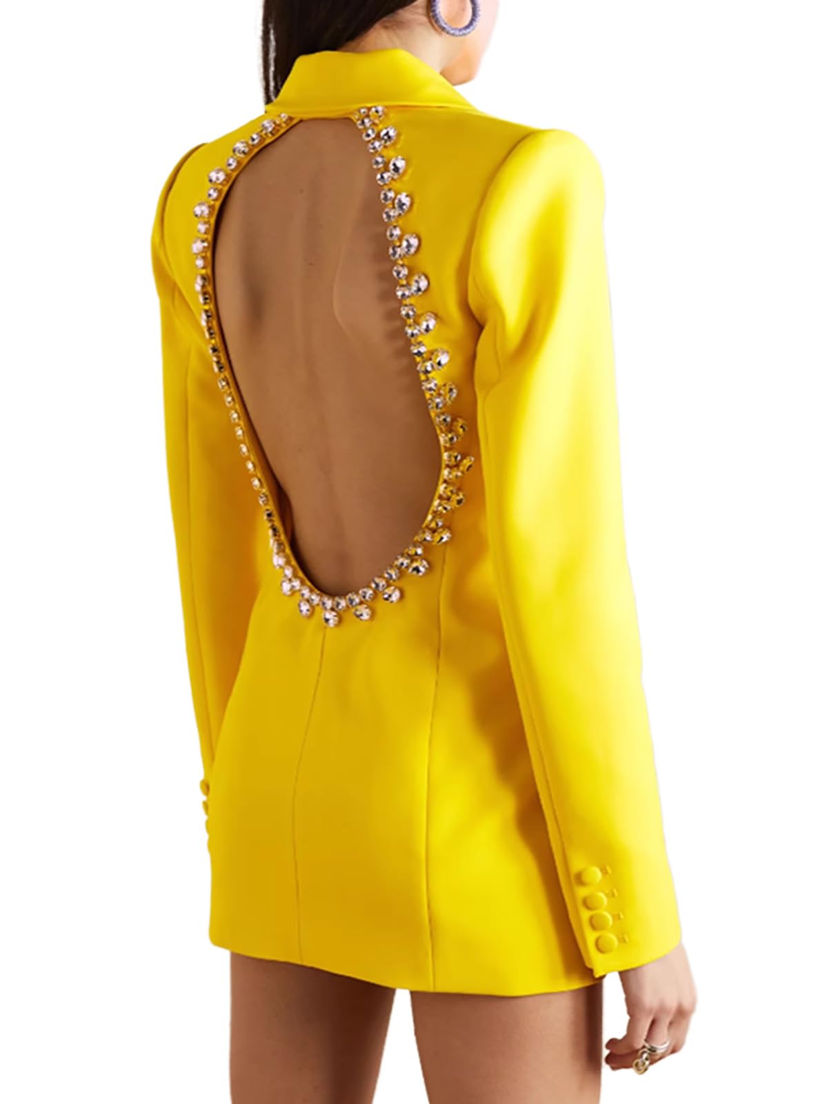 Women Trendy Hollow Back Patchwork Rhinestone Backless Blazers Long Sleeve Single Breasted Blazer Wedding Club Jacket