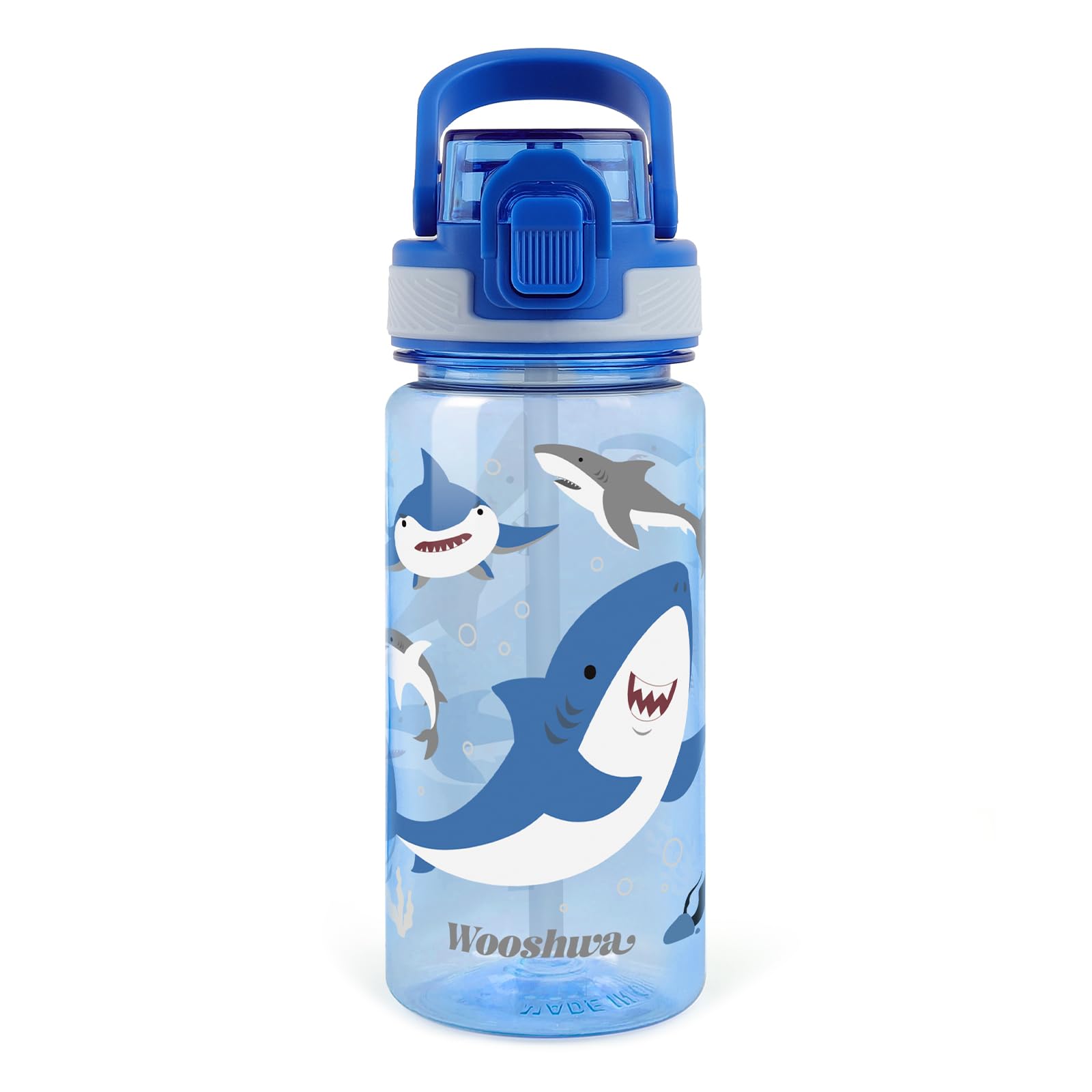 wooshwa Kids Water Bottle for School, 16 Oz Plastic Water Bottle with Silicone Spout and Pop-Up Cover, BPA Free & Dishwasher Safe (Shark) — image 1