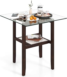 Tangkula 24" Square Glass Side Table, 2-Tier End Table with Storage Shelf & Rubber Wood Frame, Modern Accent Sofa Table for Living Room, Home, Office, Brown (1, Brown)