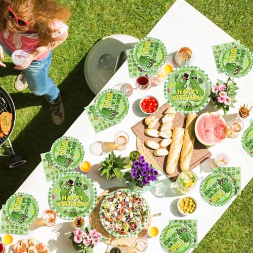 Image of Grencian 96Pcs Pickle Birthday Party Decorations, Serves 24 | Kind of a Big Dill Pickle Plates and Napkins Pickle Baby Shower Tableware Set for Funny Cute Dill Cucumber Theme Supplies