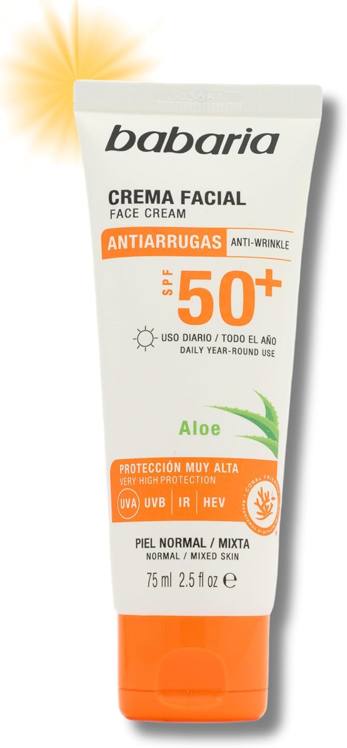 Babaria – Protector Solar Facial 50 Aloe | Protector Solar 50 | Crema Antiarrugas Mujer | Crema Hidratante Facial Mujer | Protección Muy Alta Con Aloe Vera