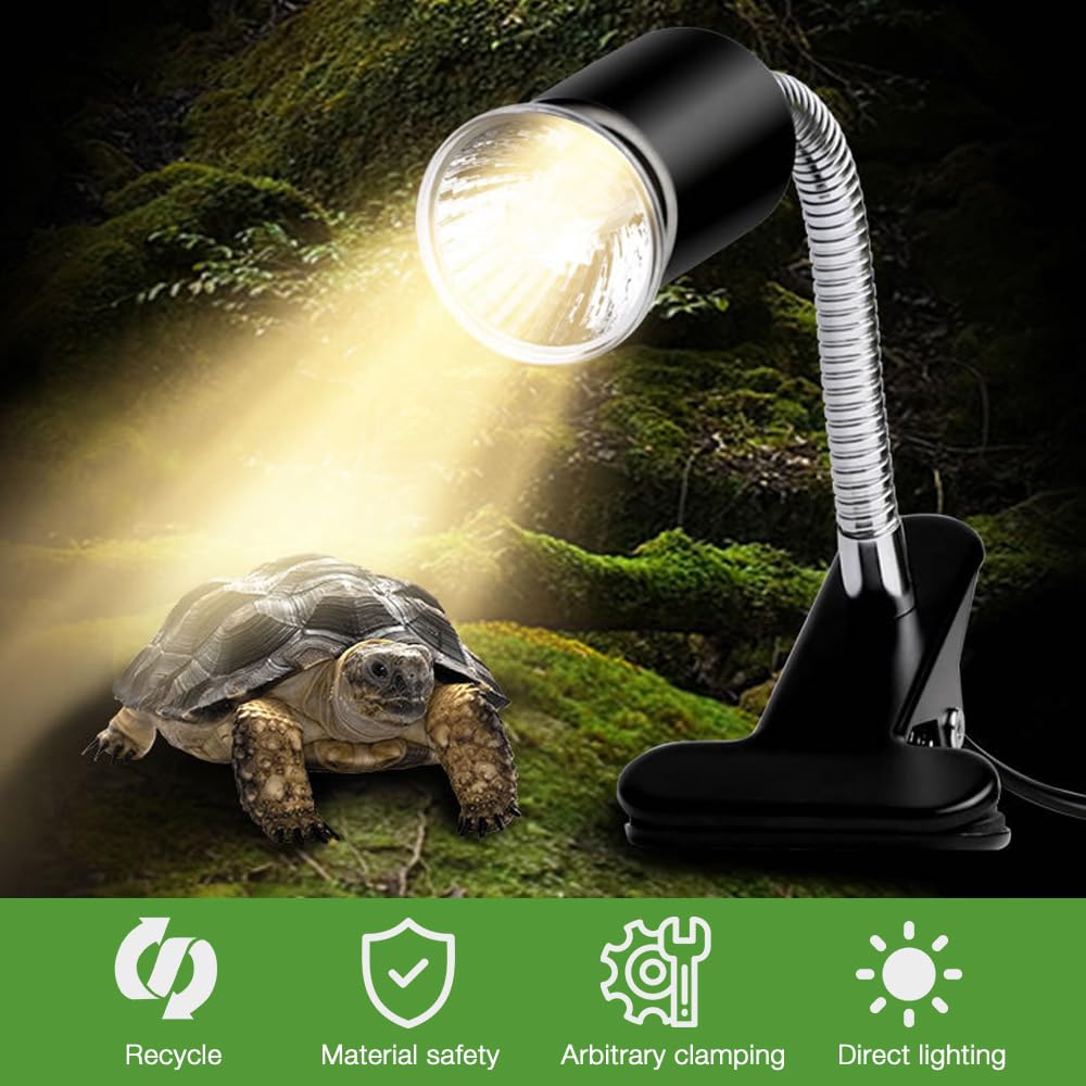 Lámpara para Tortuga, Lámpara de Calor de Reptil, Luz Caliente para Tortugas con Clip con Interruptor de temporizador y 2 lampadine da 25W 50W para Reptiles y Anfibios