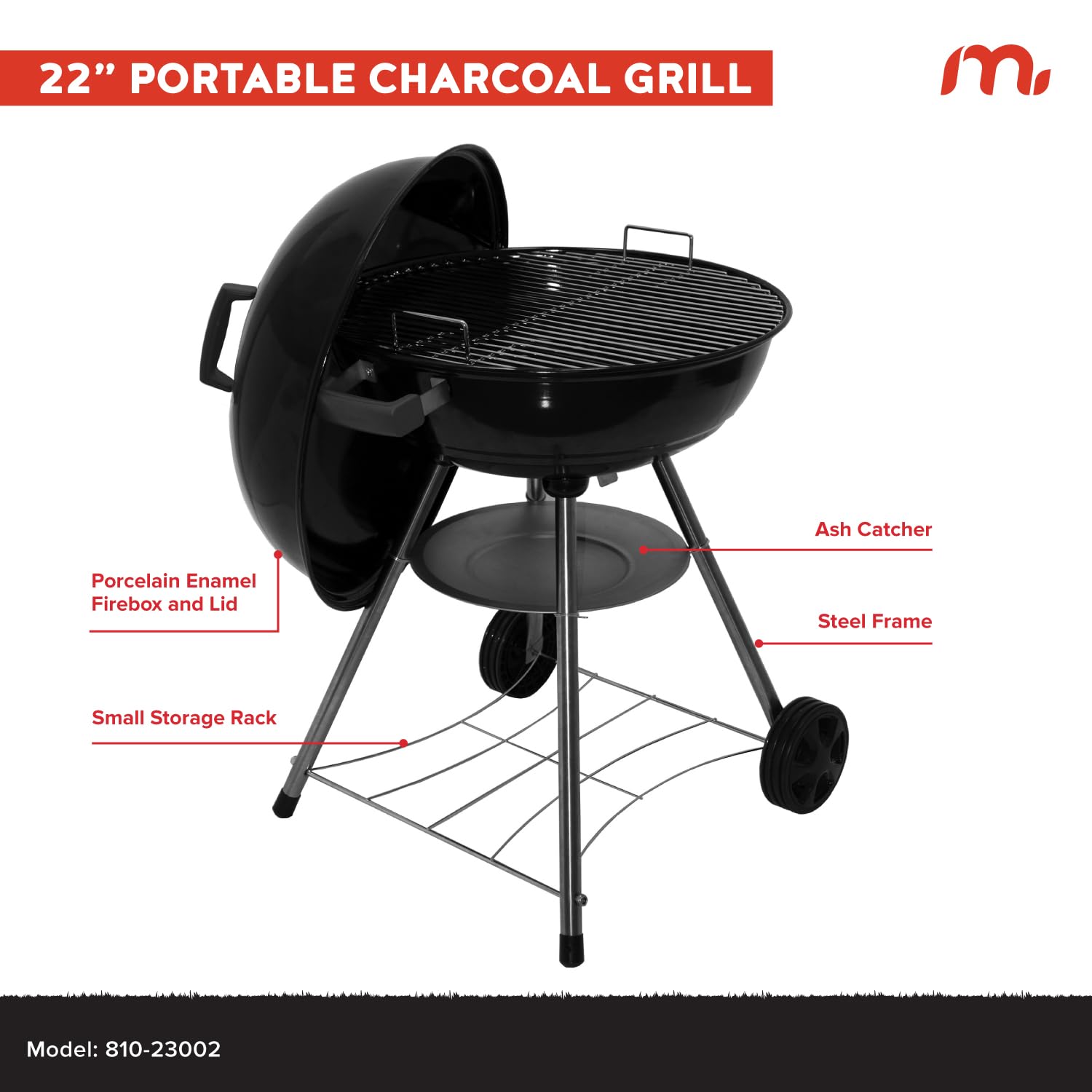 Megamaster 810-23002 kompaktowy grill na węgiel drzewny, 56 cm (354,81 m2), idealny do gotowania i grillowania na świeżym powietrzu, grilla, patio, tailgating, czarny, 810-23002