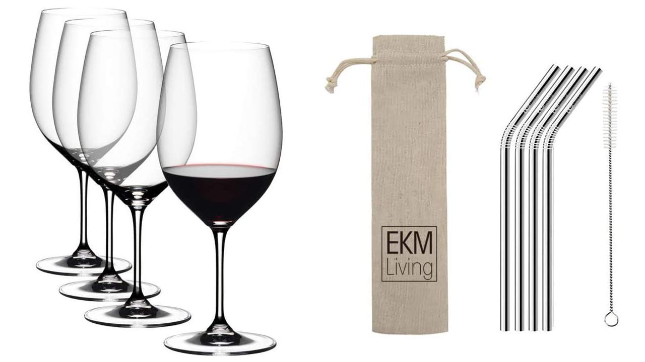RIEDEL Vinum Cabernet Salvignon/Merlot 5416/0, Juego de 4 Copas de Vino Tinto (6416/0 x 2) + pajitas de Acero Inoxidable de Color Plateado