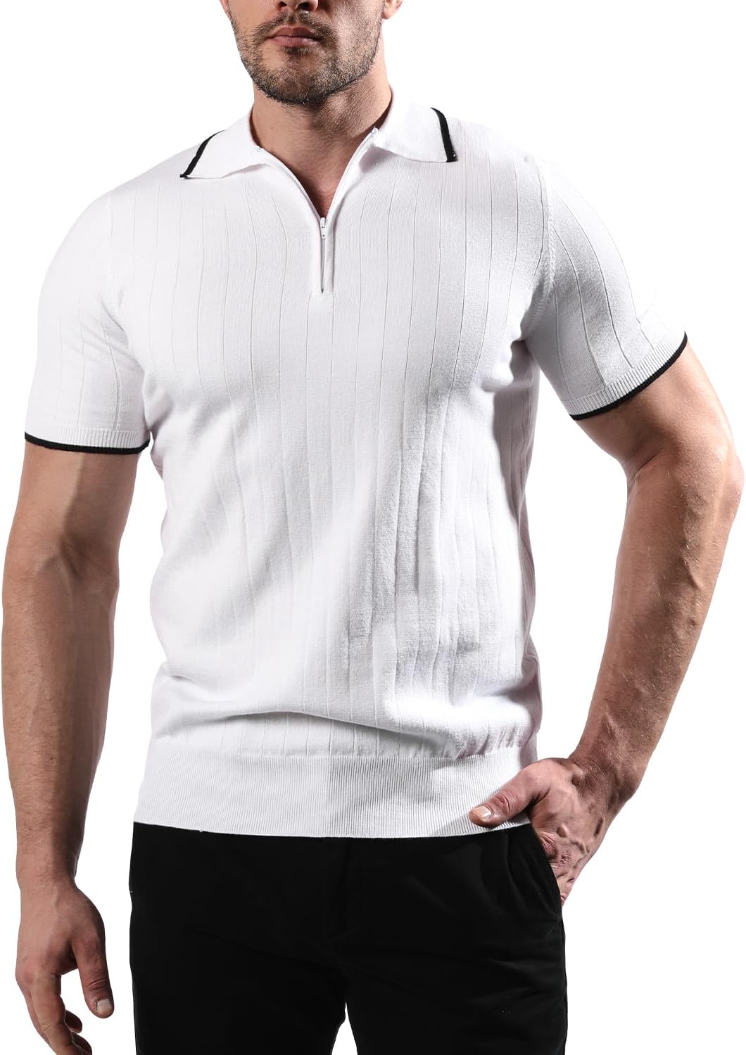 VATPAVE Mens Knit Polo Shirts Casual Short Sleeve Classic Ribbed Golf Shirt