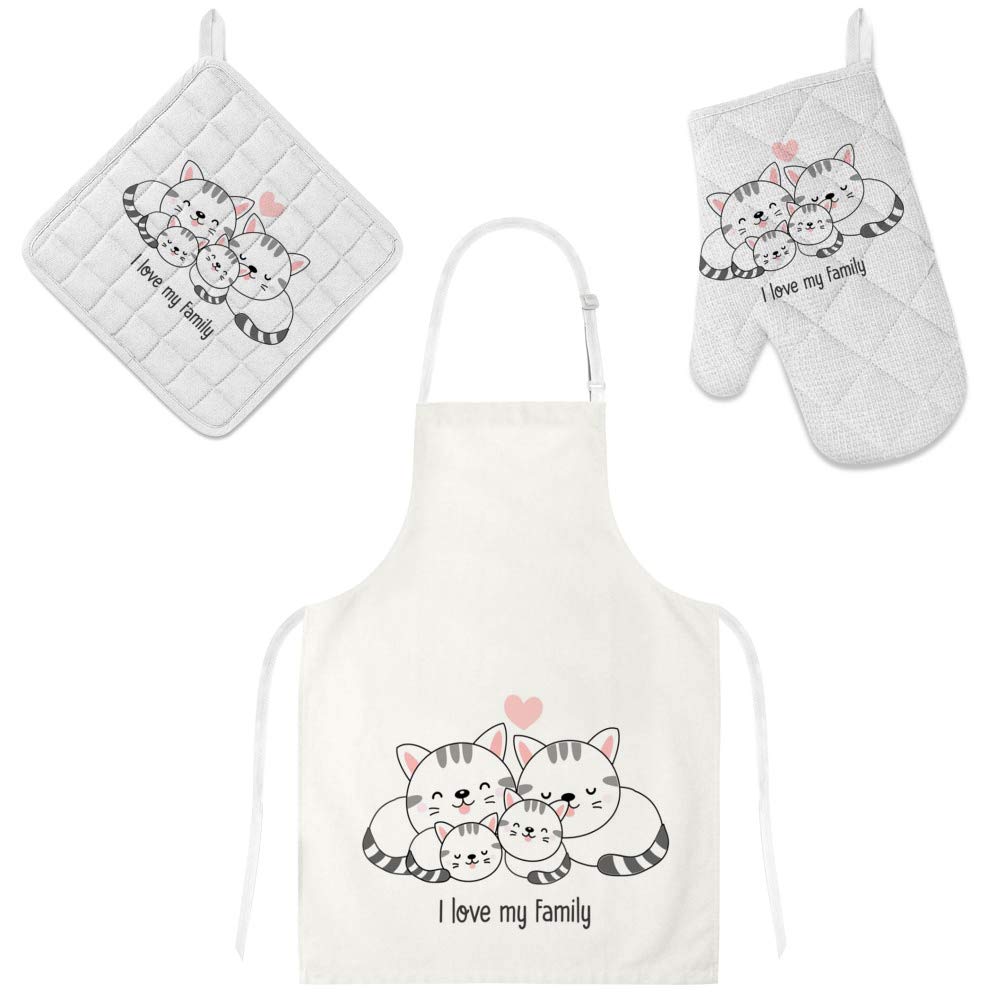 Tablier de cuisine 3 pièces avec maniques fond clair pour cuisiner au quotidien