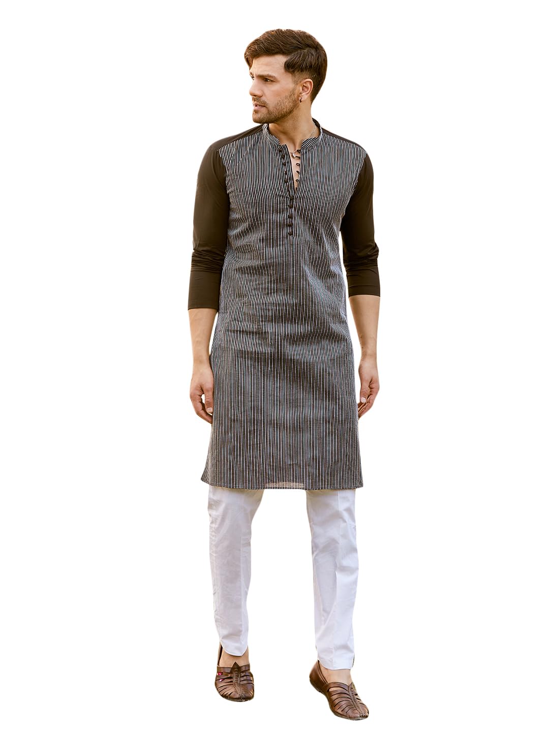 See Designs Men Full Sleeve Black Cotton Pintex Design Multi Thread Work Mandarin Collar Side Slit Kurta With Pyjama - Sd2Kt_245801Xs