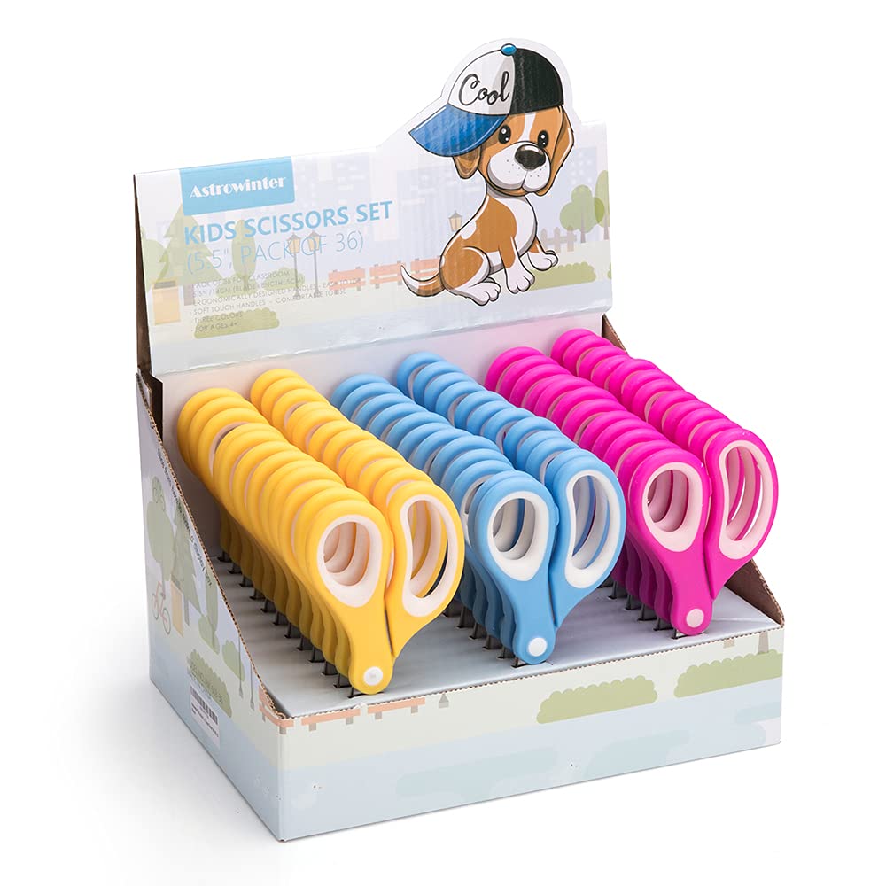 Tijeras para niños (36 unidades, punta redondeada, 14 cm) – 5.5 pulgadas suave al tacto para estudiantes escolares romos AW-003-R36