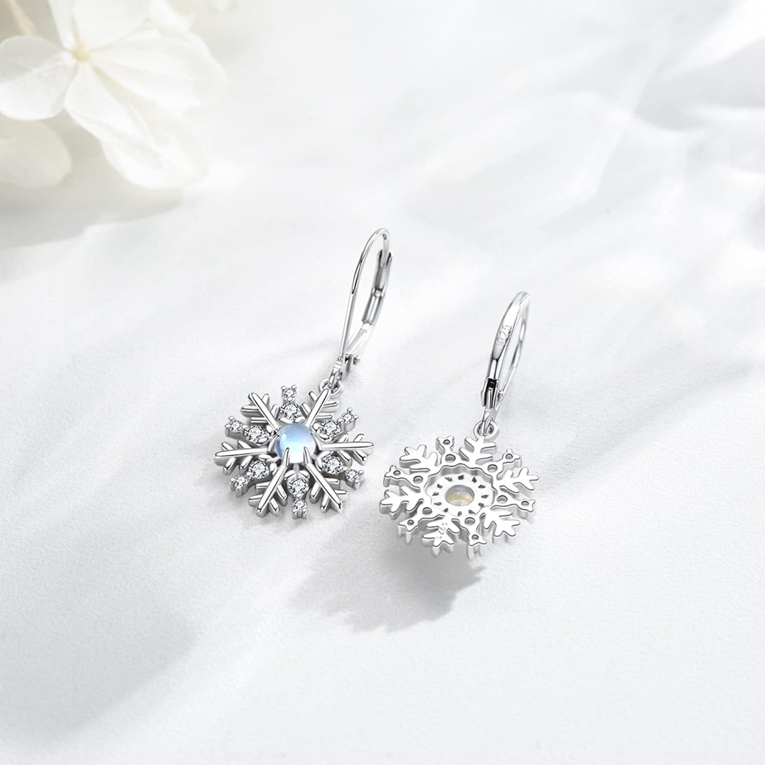 Sterling Silver Moonstone Snowflake Drop Earrings - Stud Earrings - Hypoallergenic Snowflake Jewelry - Birthday & Christmas Gifts for Women & Girls - Image 2